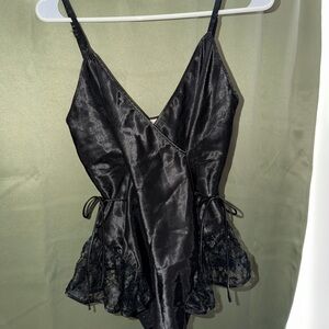 Vintage Black Satin Lace Victorias Secret Bodysuit